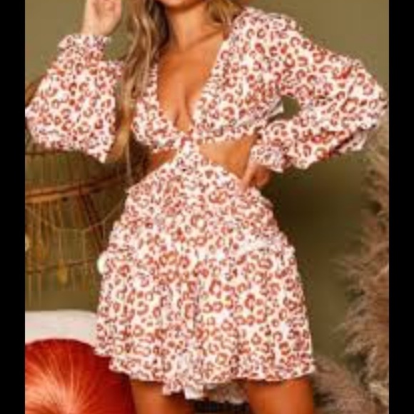 NEW Leopard Print Cutouts Mini Dress Long Sleeves Ruffles Lace Up Back - Picture 10 of 11